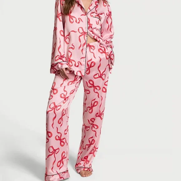 New Victoria's Secret Satin Pajama Set Chalk Rose Bows Pink Red